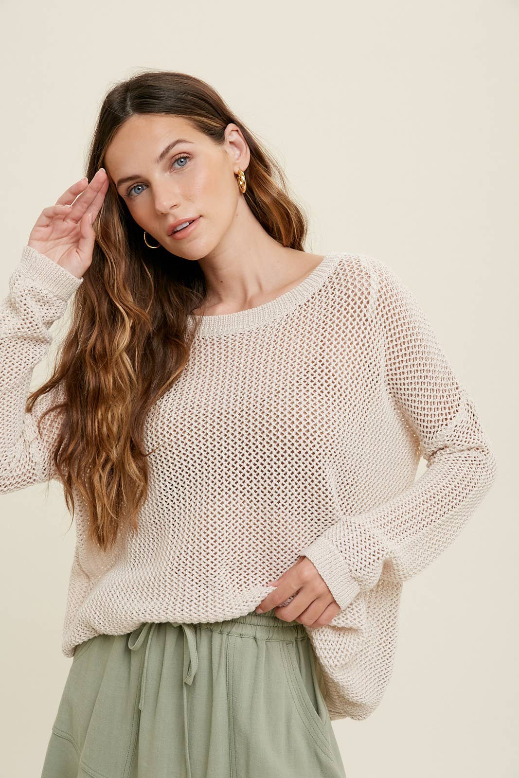 CROCHET LIGHTWEIGHT SWEATER WITH RAW EDGE DETAIL / WL22-7092