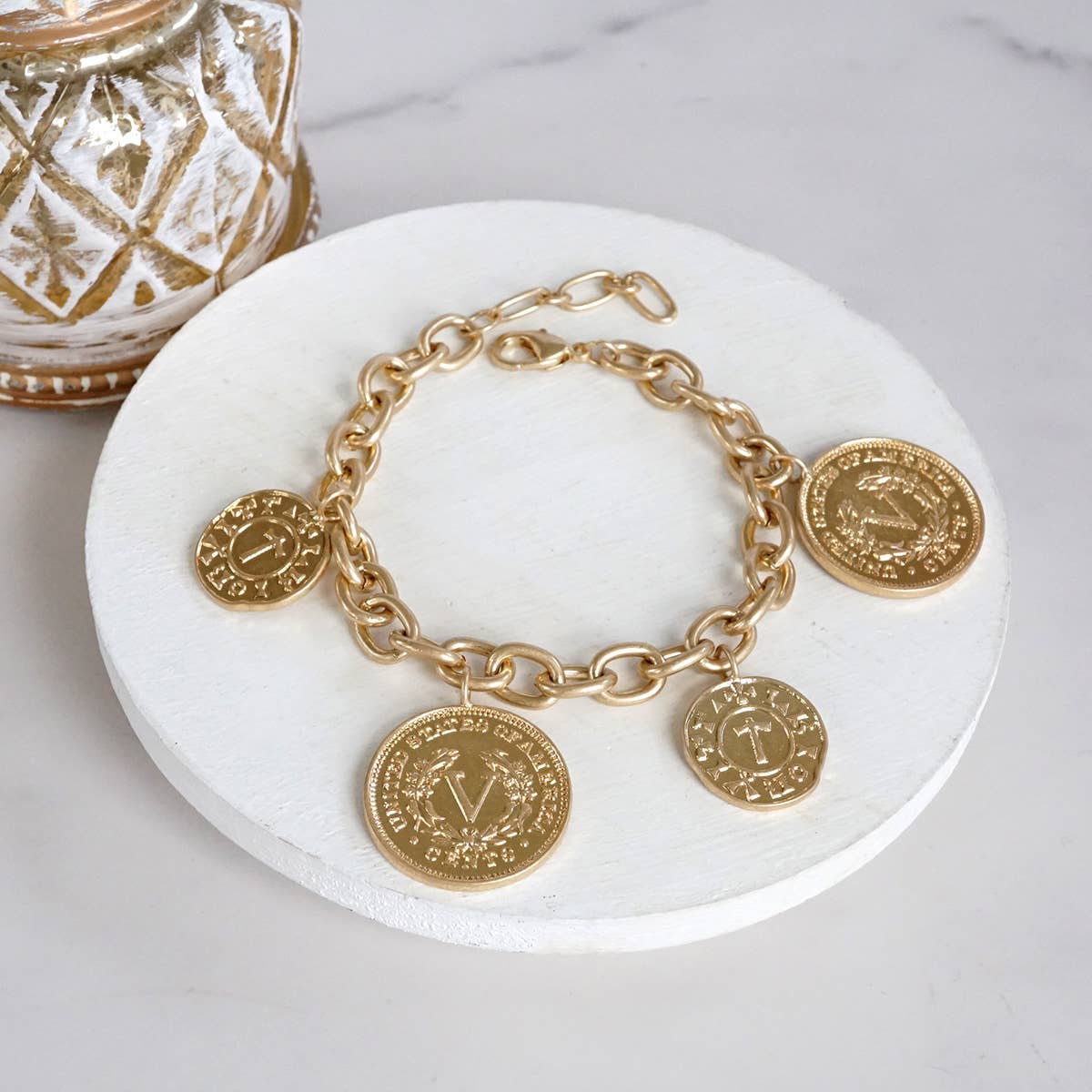 Boho Coins Statement Chain Bracelet – Worn Gold Tone