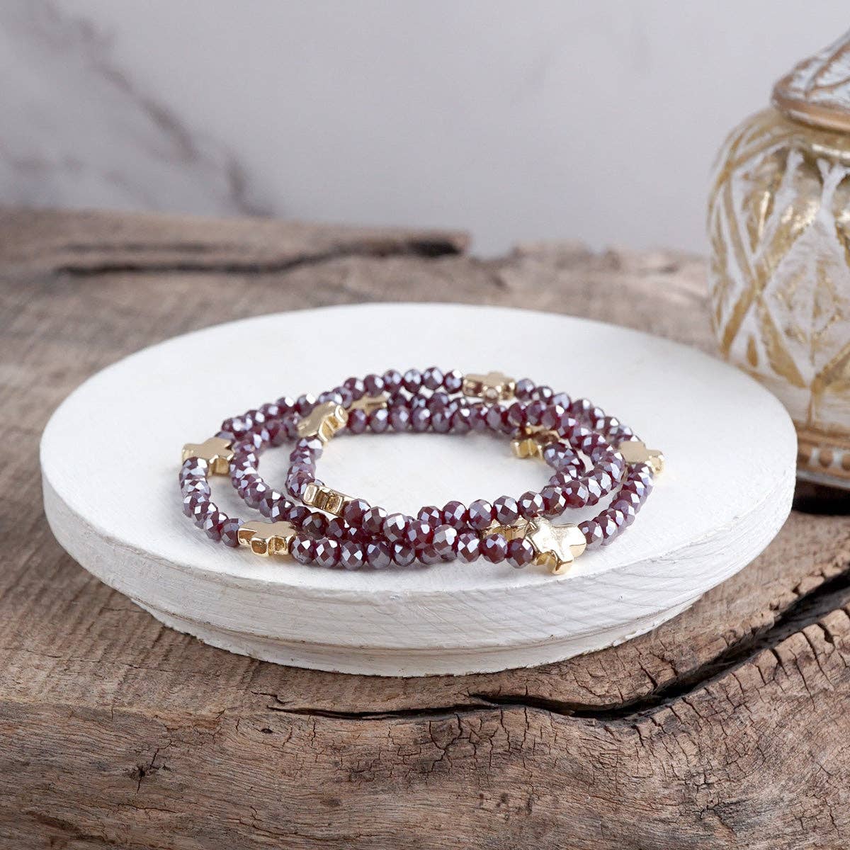 Glass & Gold Cross Bracelet Stack