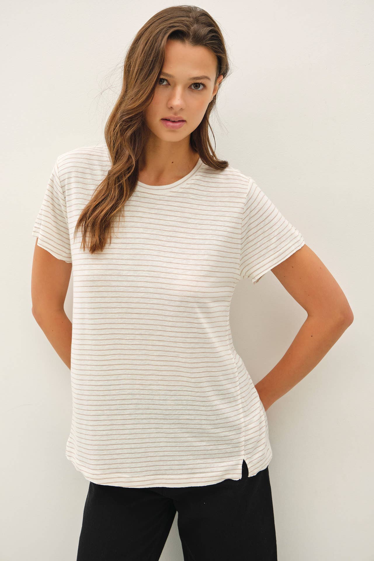 LINEN BLENDED STRIPED RELAXED TEE