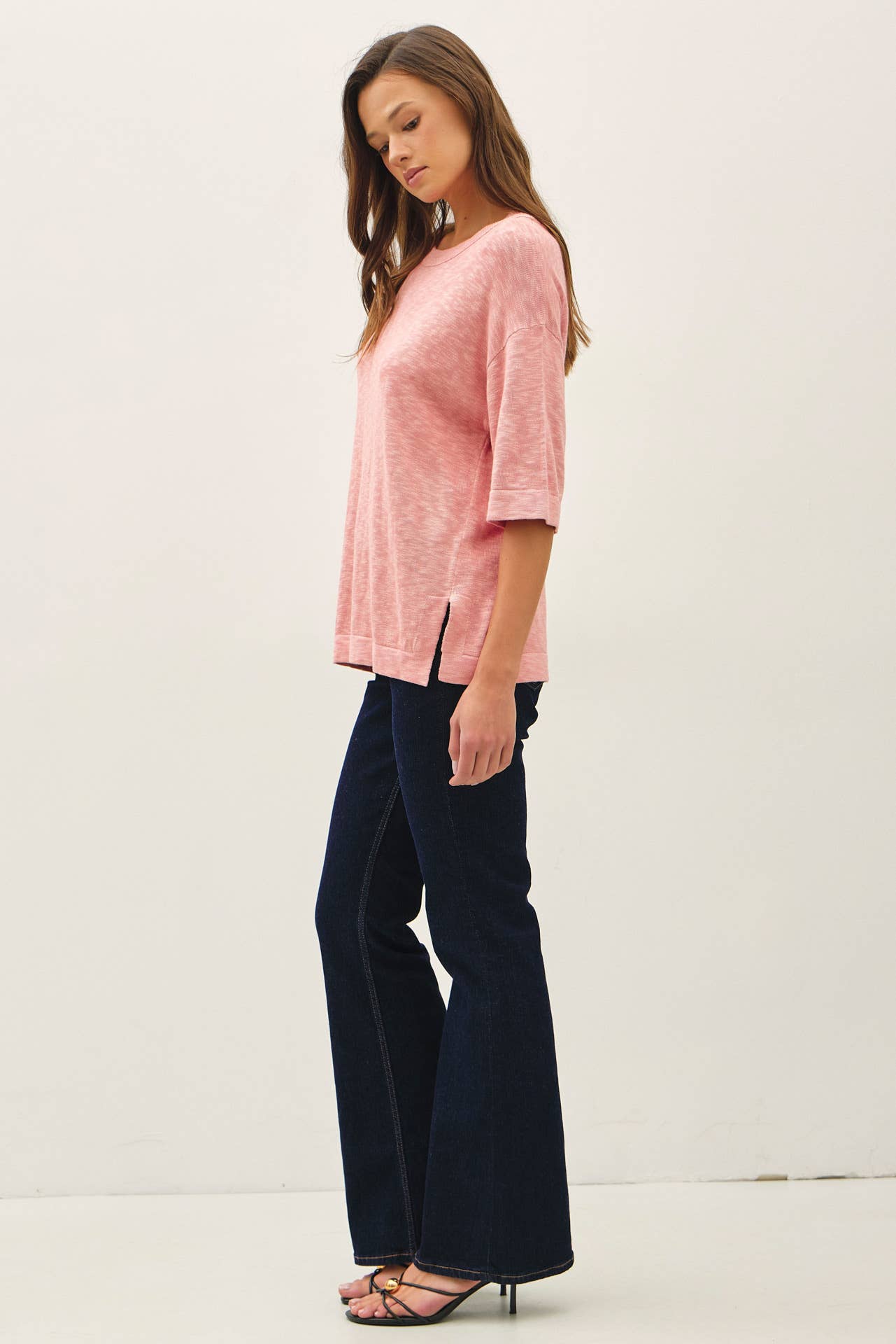 SHORT SLEEVE COTTON SLUB SWEATER TOP