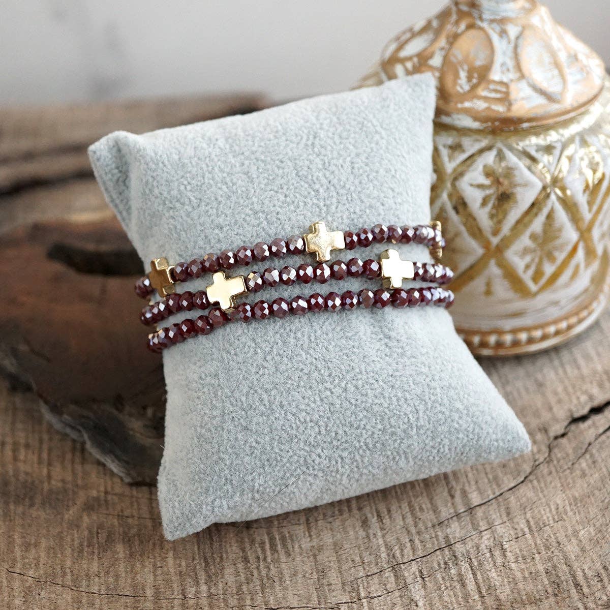 Glass & Gold Cross Bracelet Stack