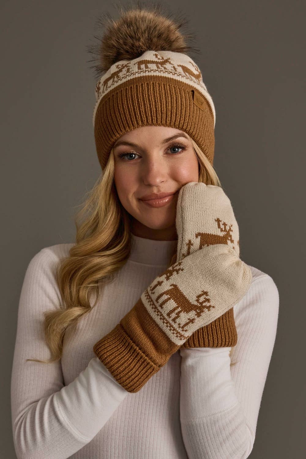Camel & Beige Deer Patterned Pom Hat