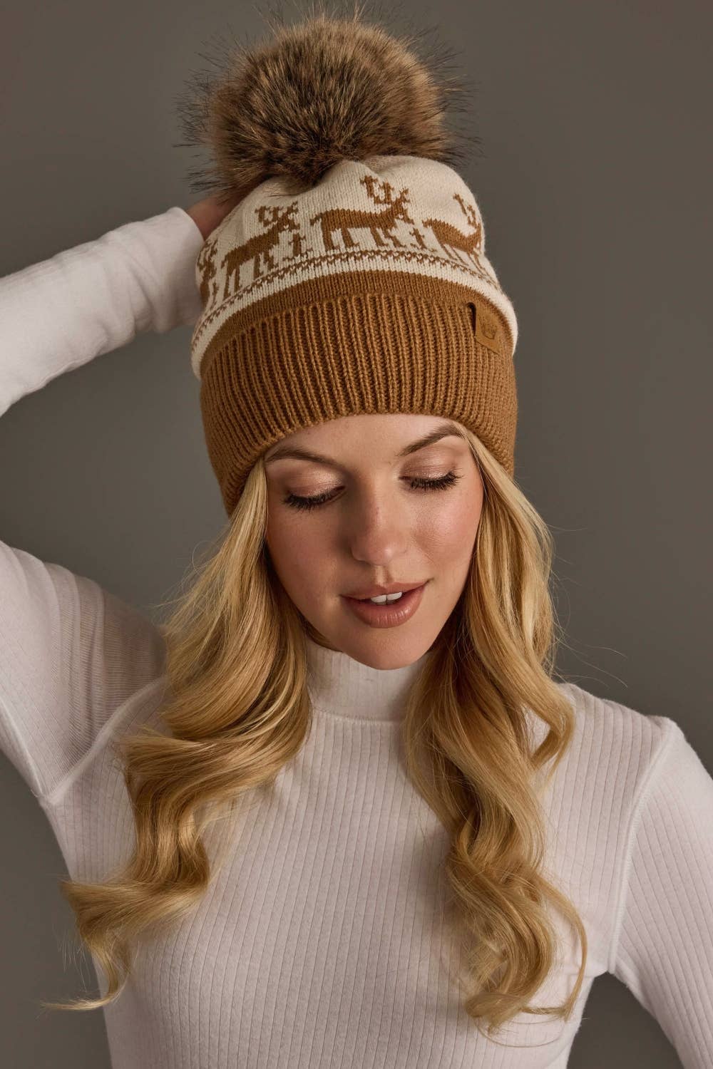 Camel & Beige Deer Patterned Pom Hat