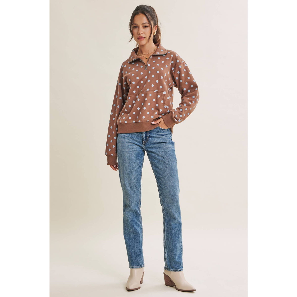 COFFE RUN PLAYFUL POLKA DOT HALF-ZIP FRENCH TERRY PULLOVER
