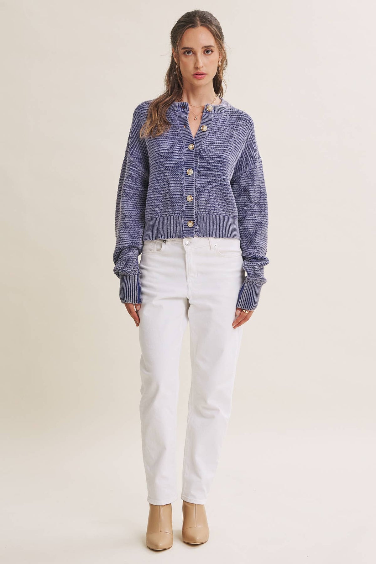 SEASONLESS MINERAL-WASHED COTTON WAFFLE BUTTON-DOWN CARDIGAN