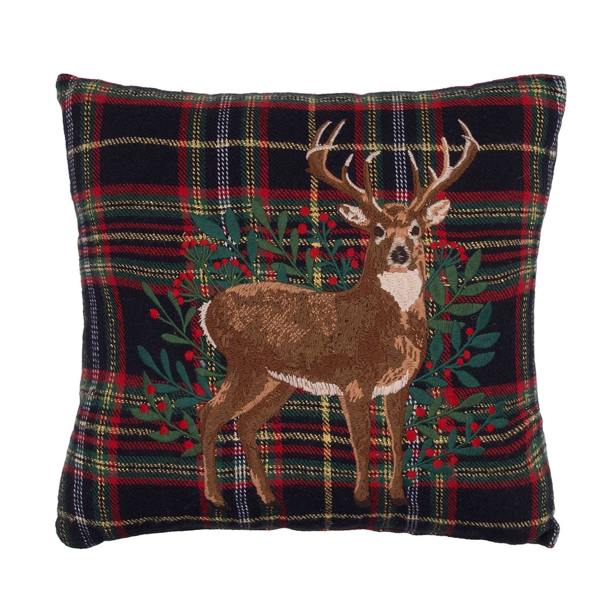 Christmas Deer Botanical Plaid Throw Pillow