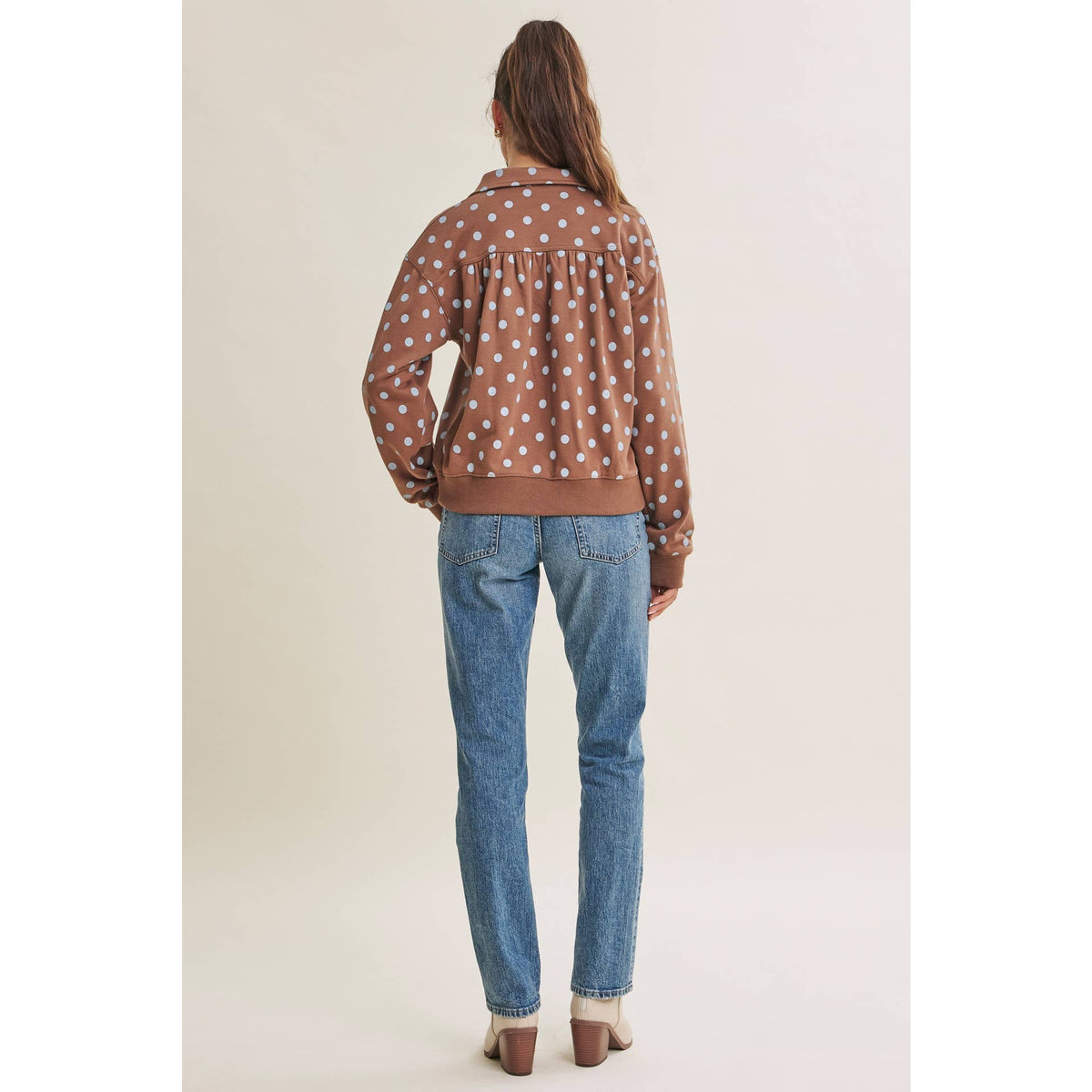 COFFE RUN PLAYFUL POLKA DOT HALF-ZIP FRENCH TERRY PULLOVER