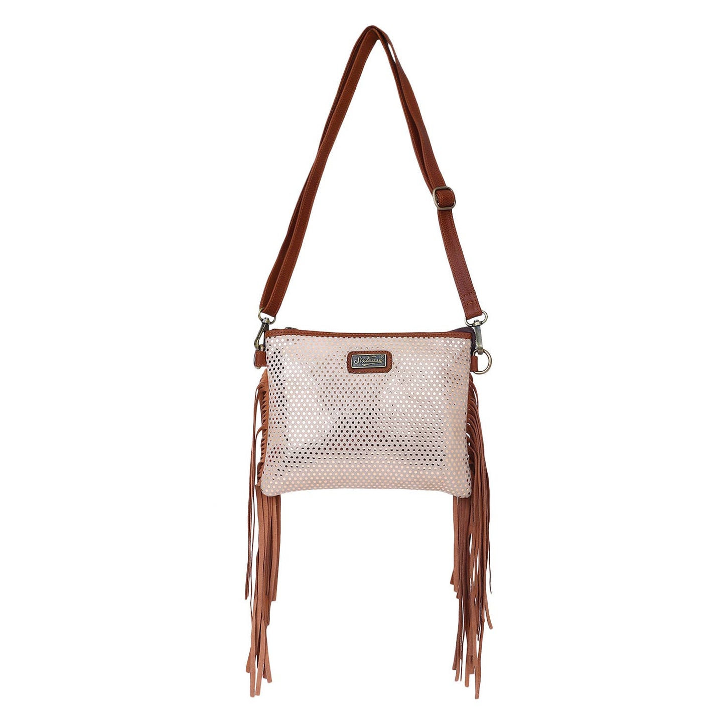 Leather  Fringed Women Sling - Rose Gold Brown Polka Dot