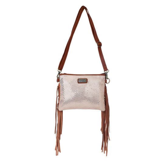 Leather  Fringed Women Sling - Rose Gold Brown Polka Dot