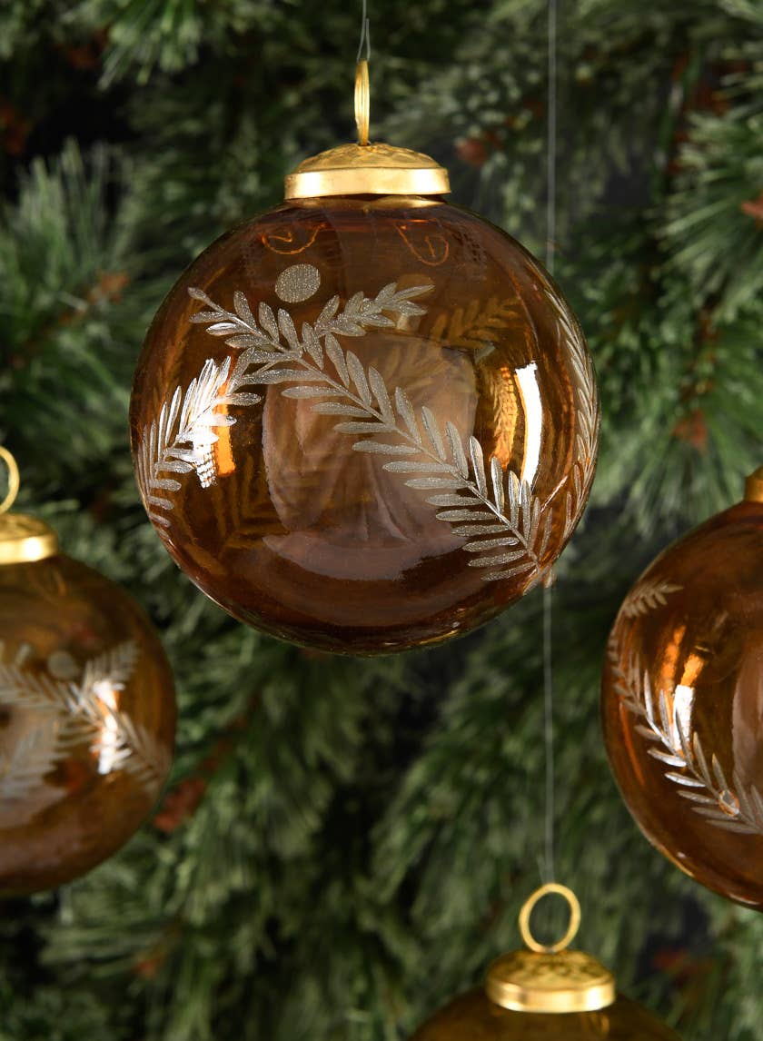 4in Round Almira Palm Amber Luster Glass Ornament, Set of 4