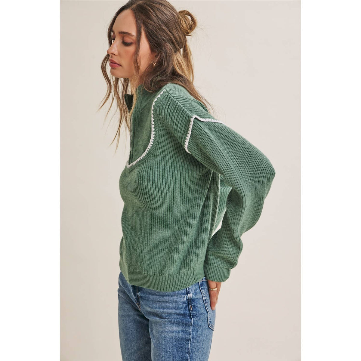 CABIN AIR CONTRAST WHIPSTITCH EMBROIDERY HALF ZIP SWEATER