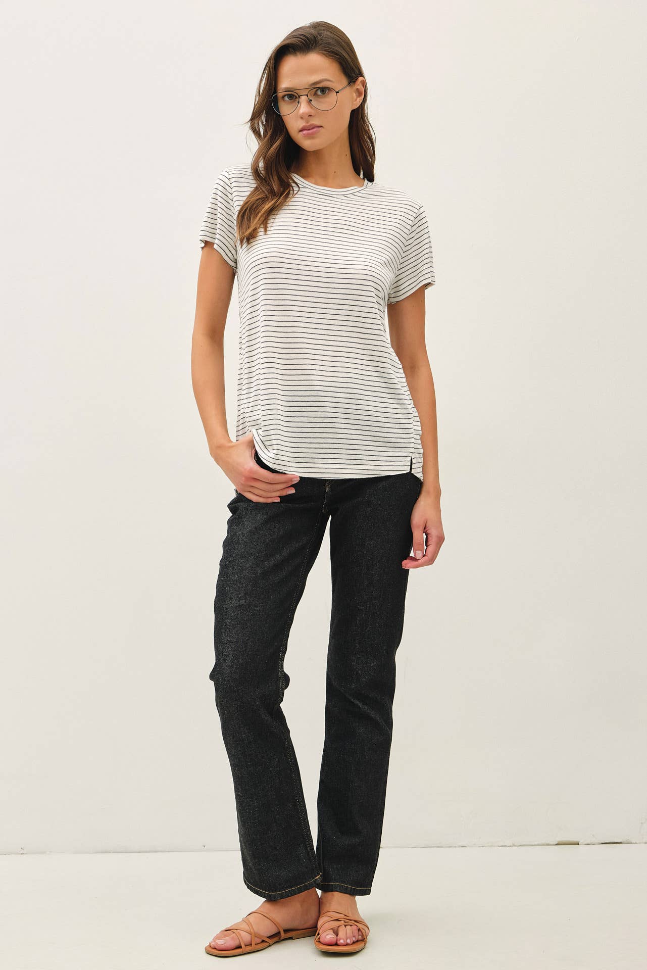 LINEN BLENDED STRIPED RELAXED TEE