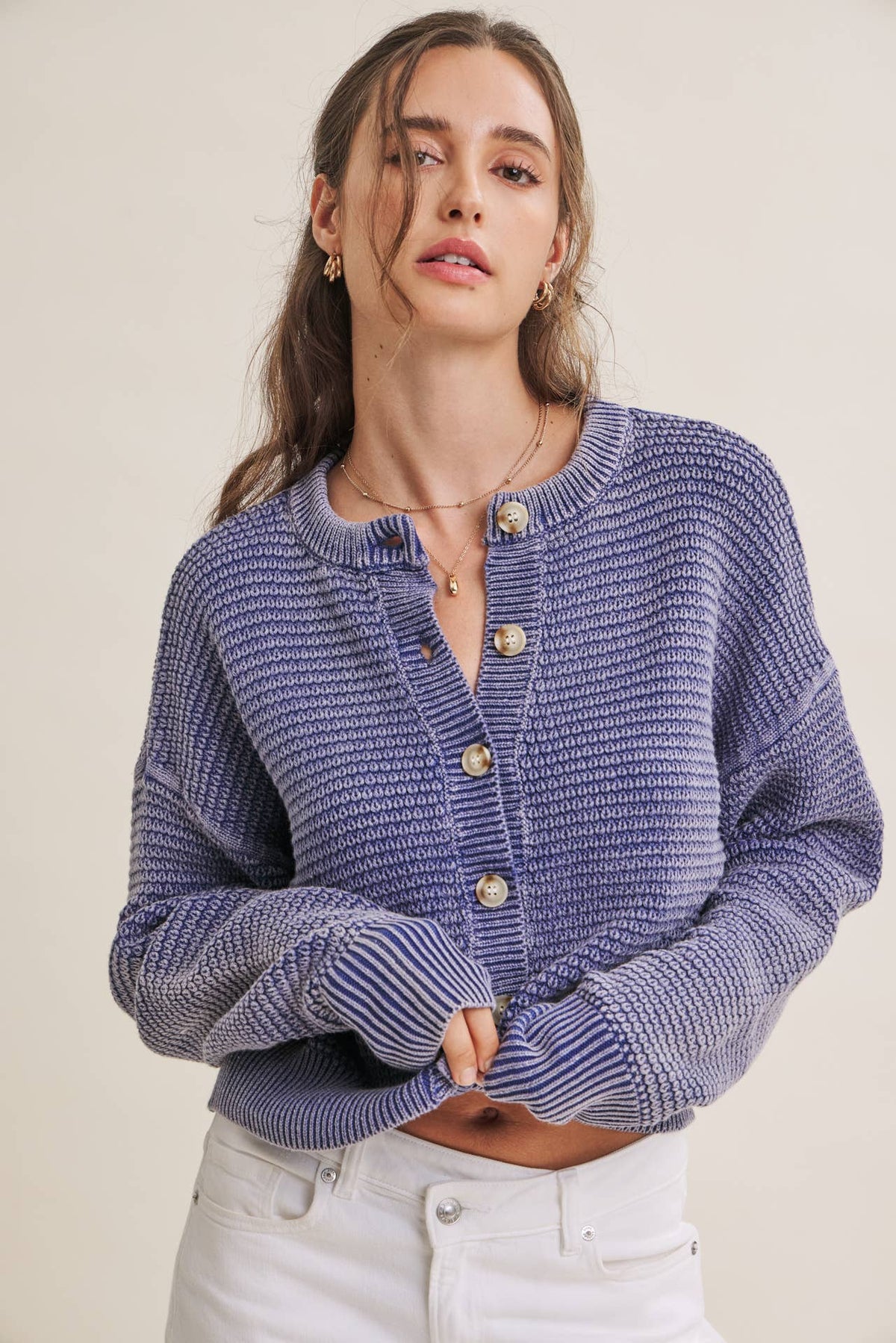 SEASONLESS MINERAL-WASHED COTTON WAFFLE BUTTON-DOWN CARDIGAN
