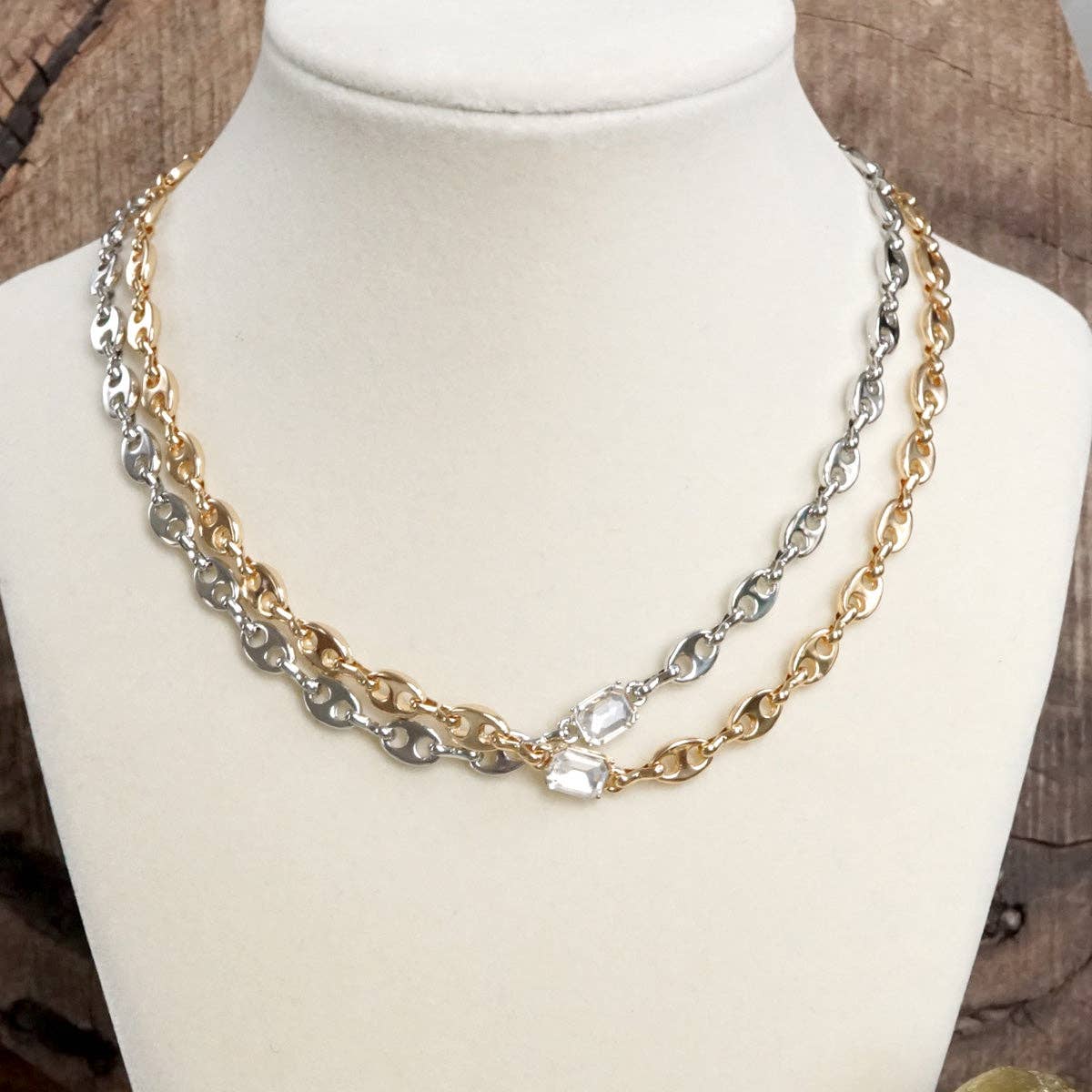 Short Anchor Chain Necklace with Emerald-Cut Crystal – Gold or Silver