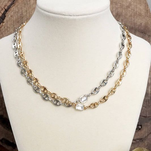 Short Anchor Chain Necklace with Emerald-Cut Crystal – Gold or Silver