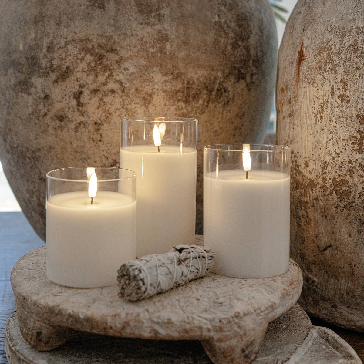 Flameless LED Hurricane Glass Candles - White and Amber