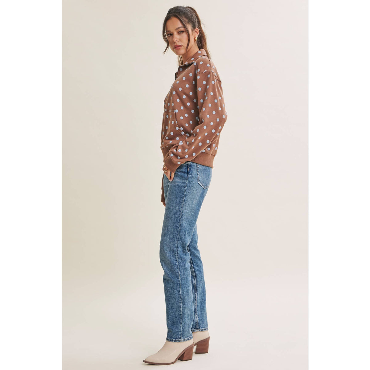 COFFE RUN PLAYFUL POLKA DOT HALF-ZIP FRENCH TERRY PULLOVER