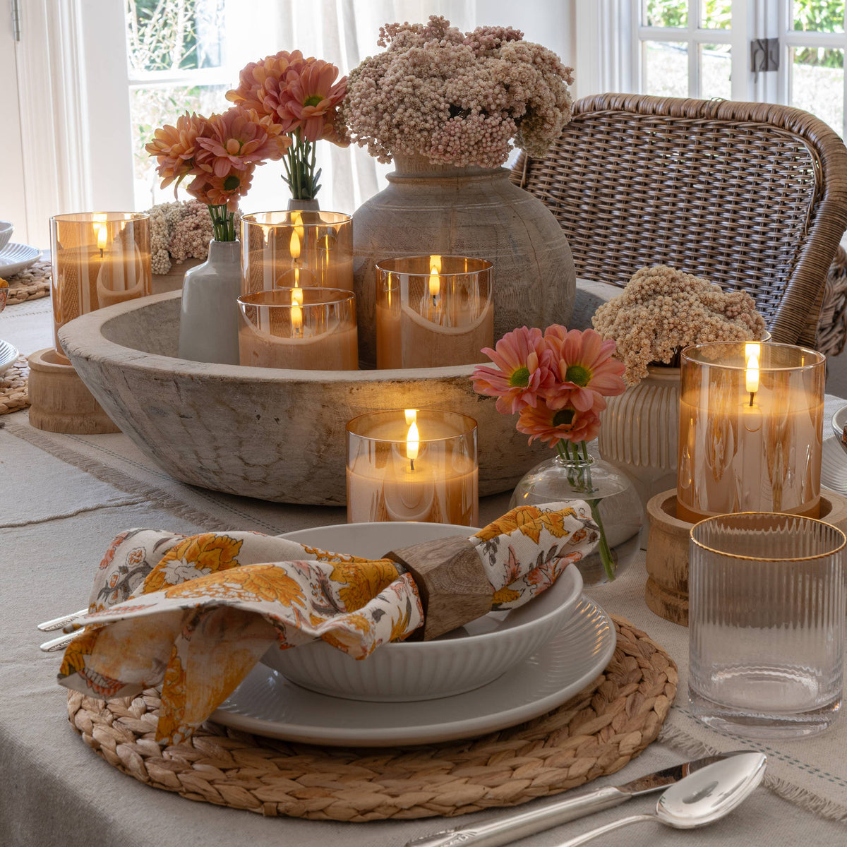 Flameless LED Hurricane Glass Candles - White and Amber