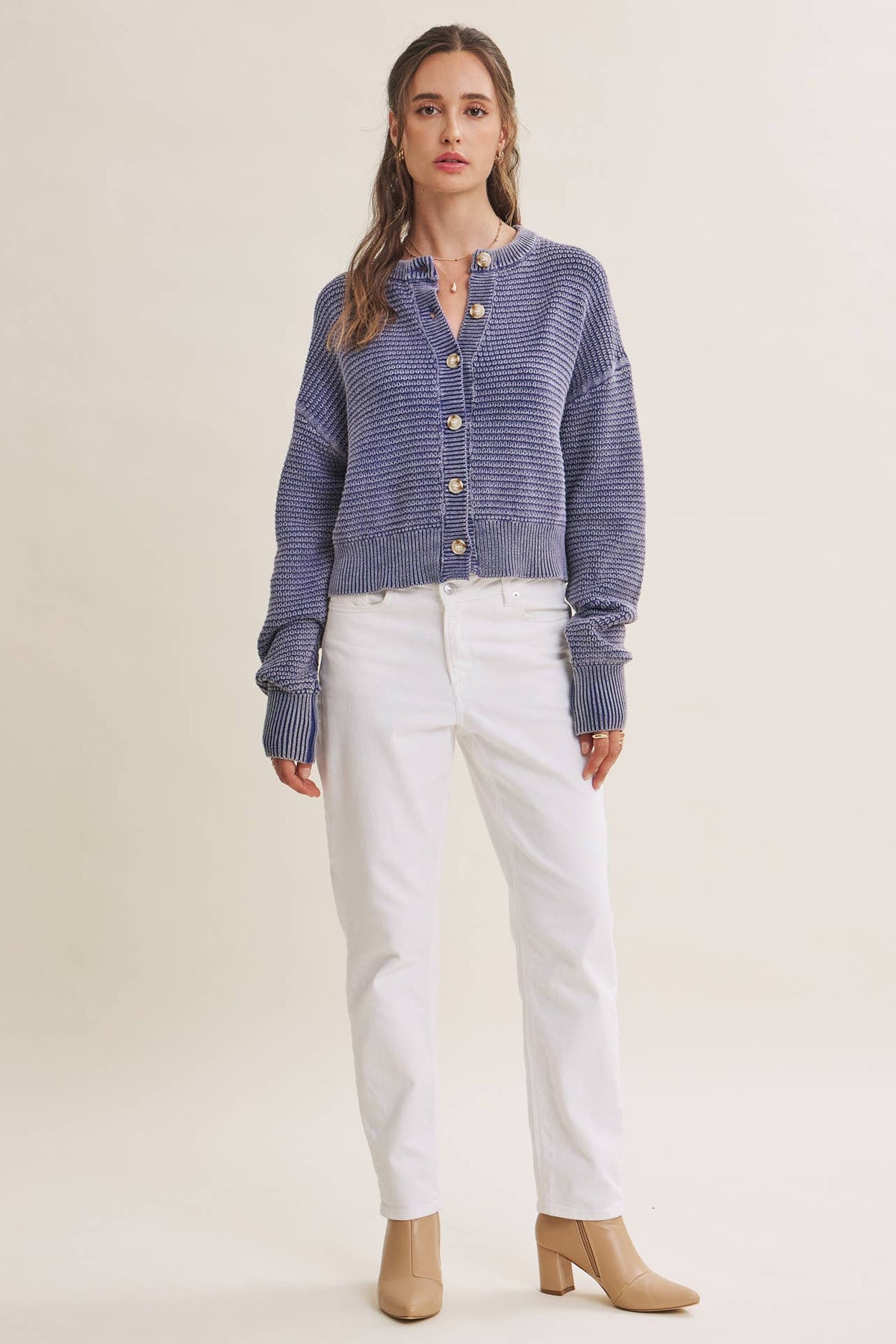 SEASONLESS MINERAL-WASHED COTTON WAFFLE BUTTON-DOWN CARDIGAN