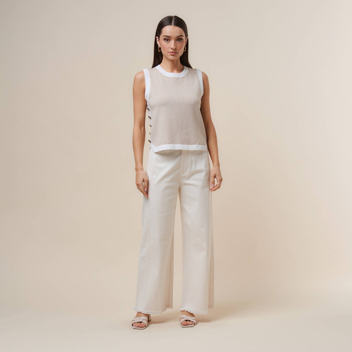 Oatmeal & Ivory Button Top