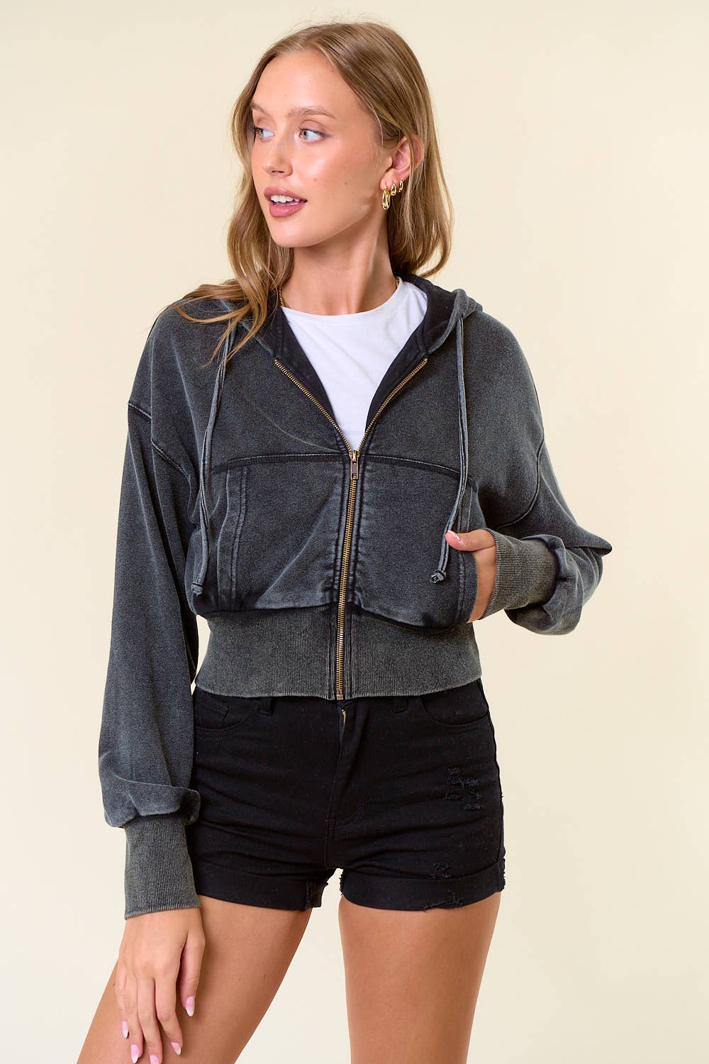 Vintage Washed Zip-Up Hoodie With Front Pockets - 10610J