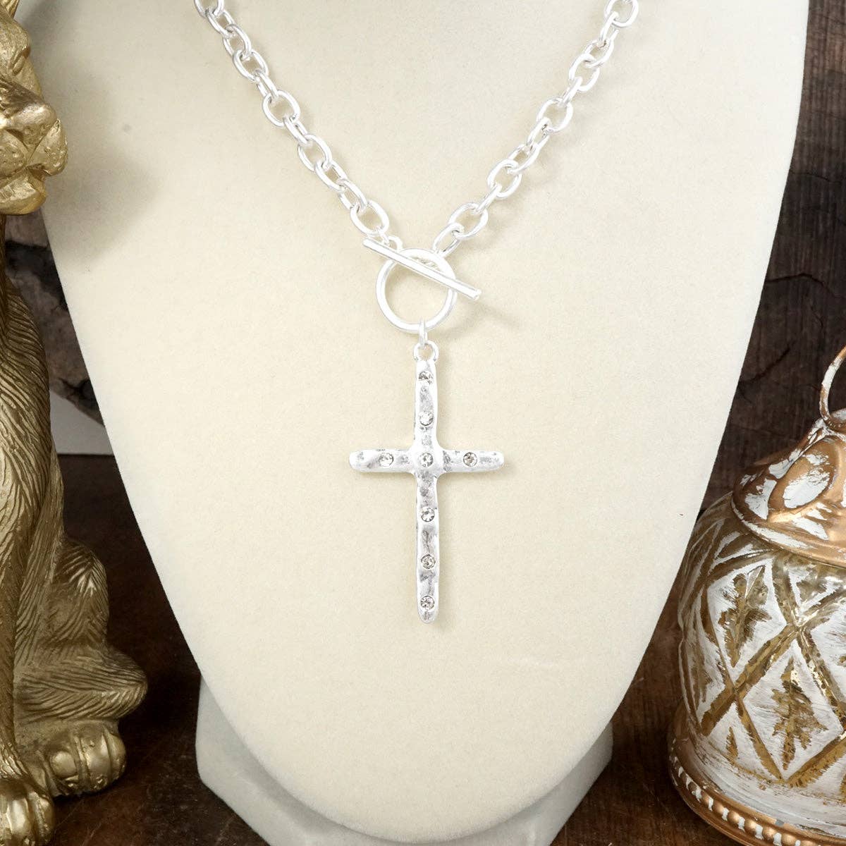 Divine Simplicity – Hammered Cross Front Toggle Necklace