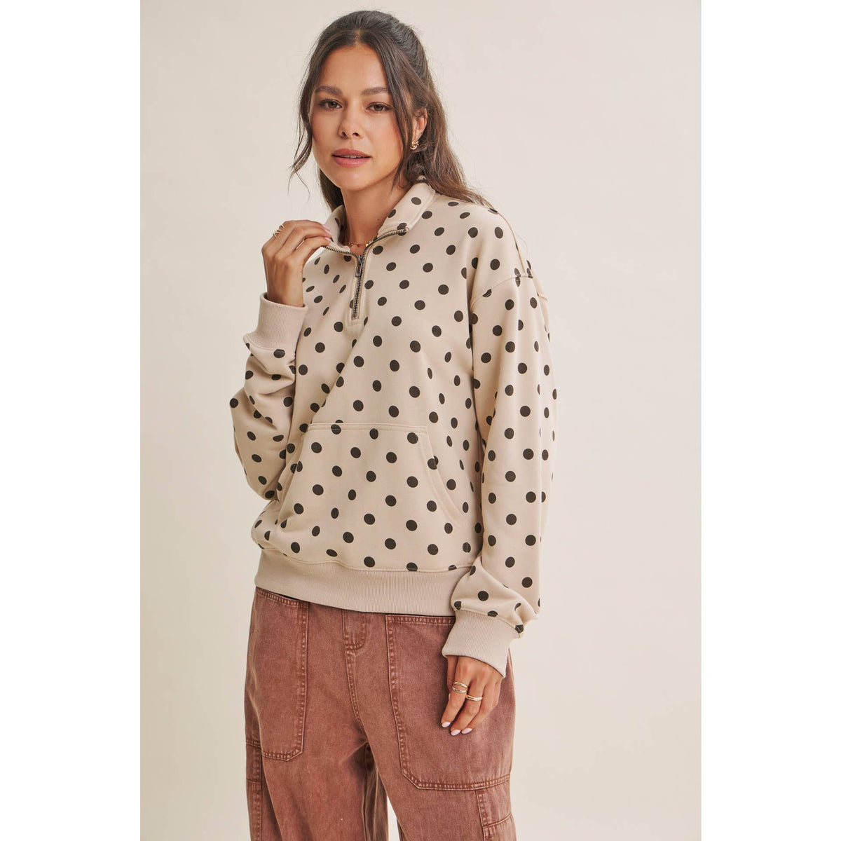 COFFE RUN PLAYFUL POLKA DOT HALF-ZIP FRENCH TERRY PULLOVER