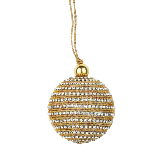 A80582: Gold cord,clear glass jewels on metal ball orn,2in