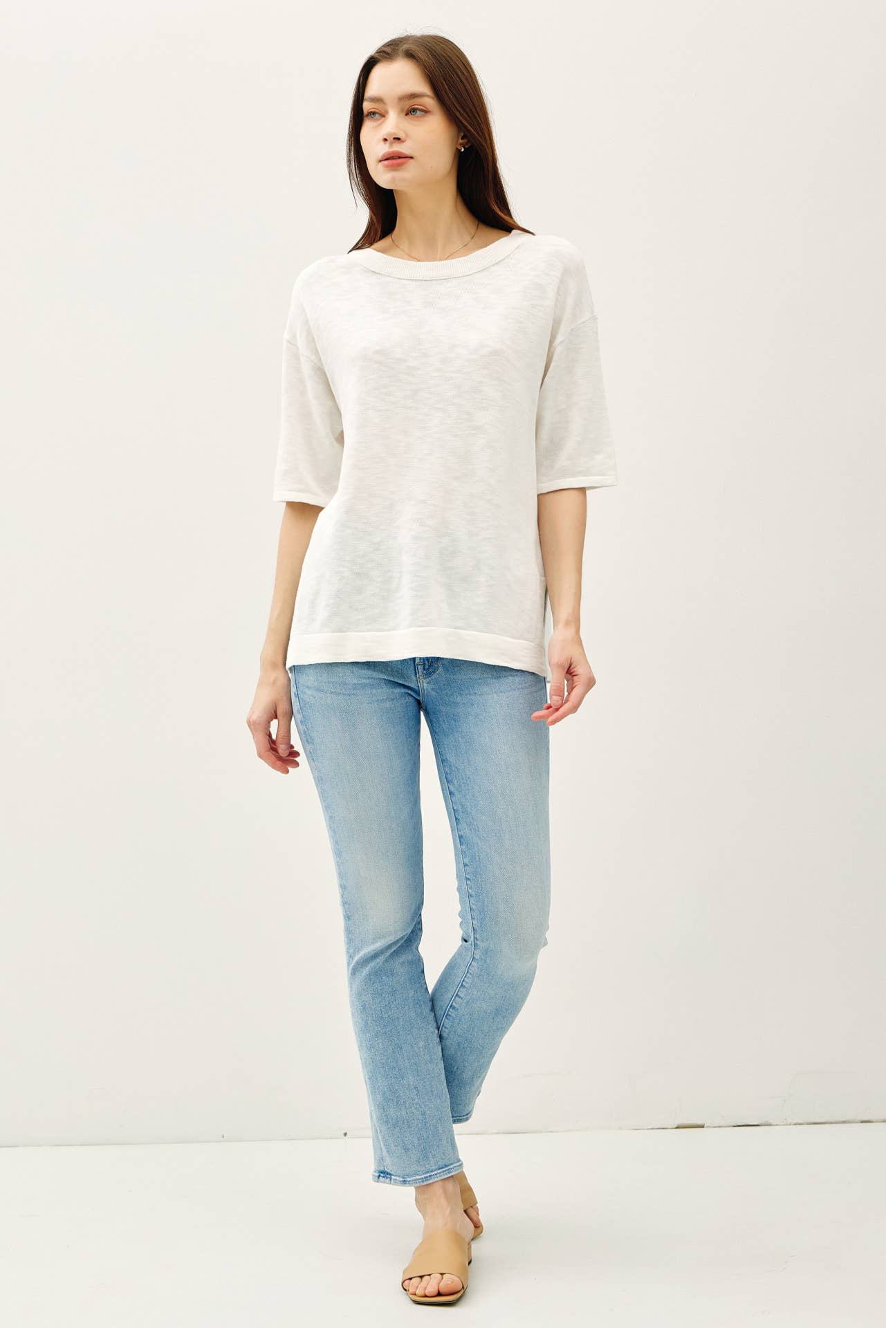 SHORT SLEEVE COTTON SLUB SWEATER TOP