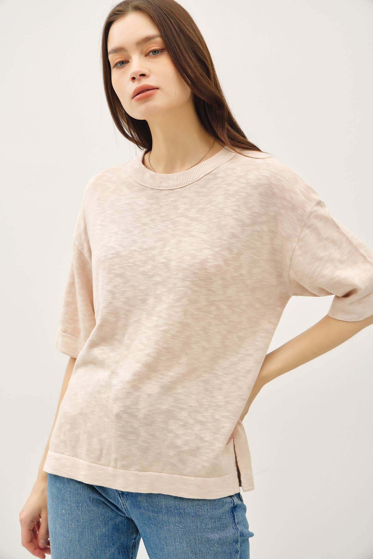 SHORT SLEEVE COTTON SLUB SWEATER TOP