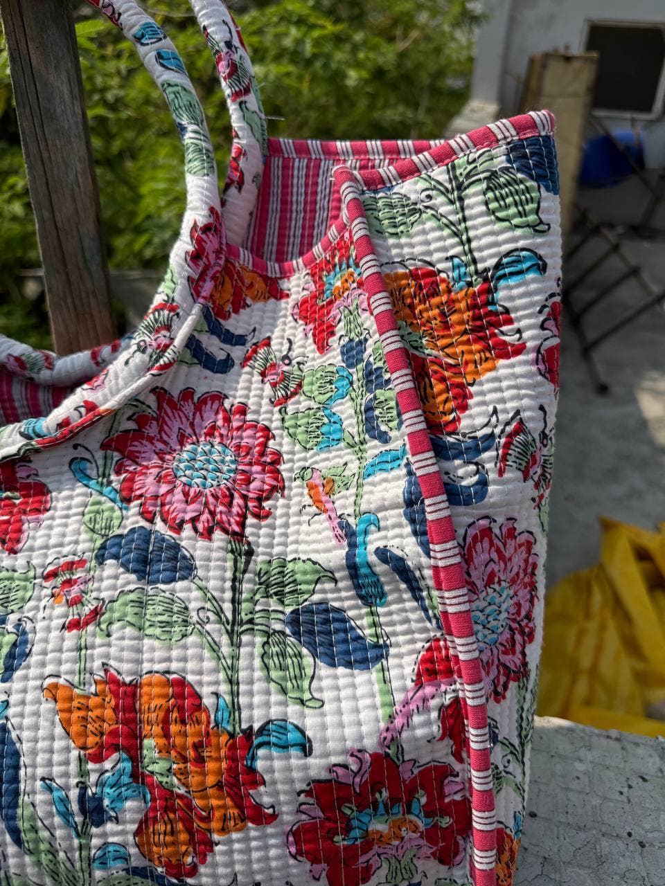 White Cotton Bag Floral Printed Market Bag Quilted Tote Bags