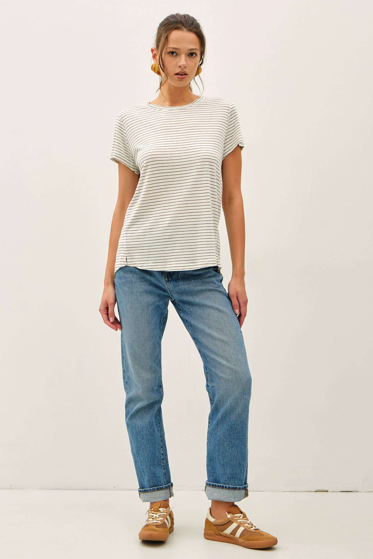 LINEN BLENDED STRIPED RELAXED TEE