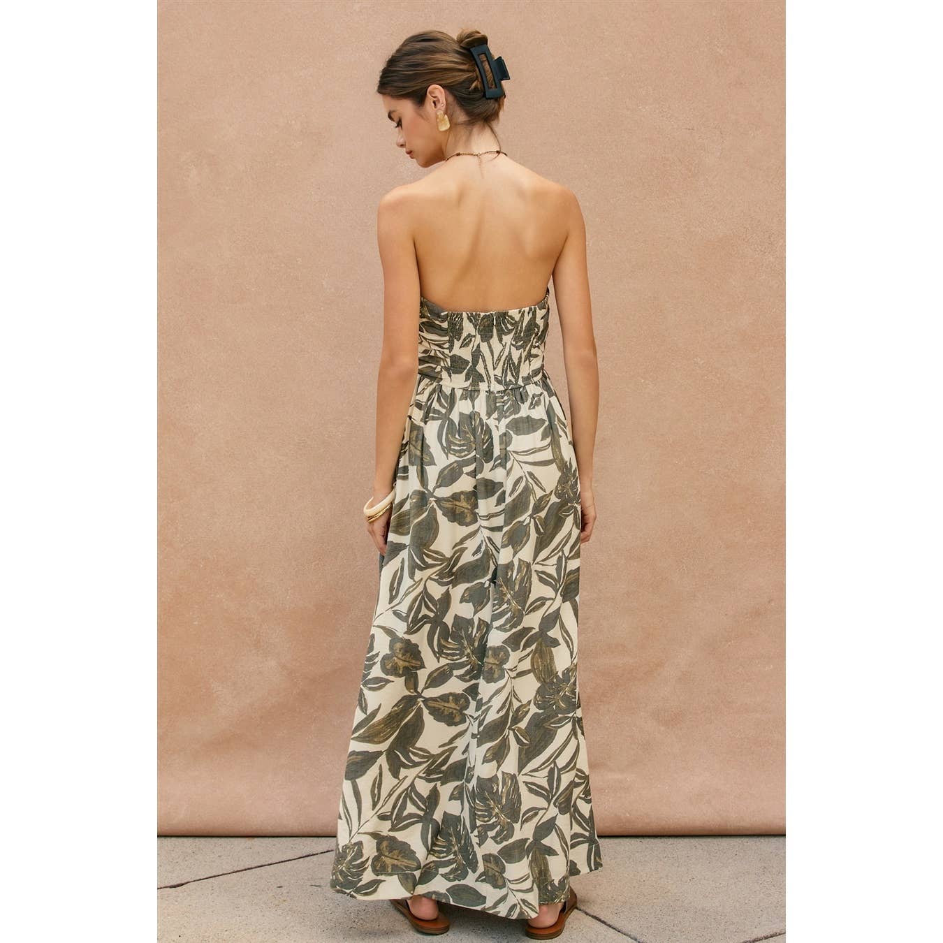 Swaying Palms Strapless Ruched Maxi Dress