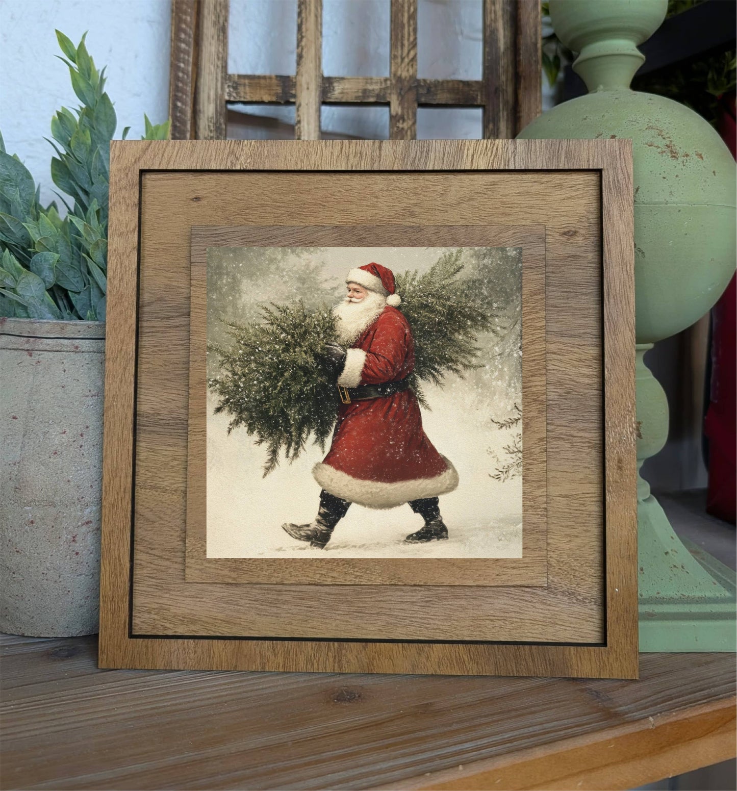 Square Framed Santa With Tree Canvas Art
