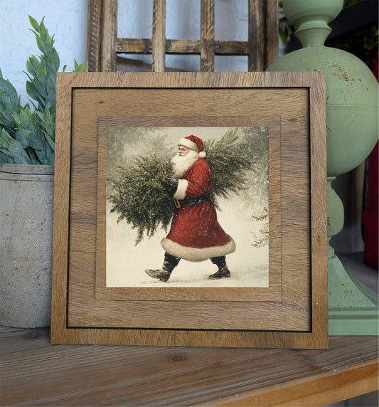 Square Framed Santa With Tree Canvas Art