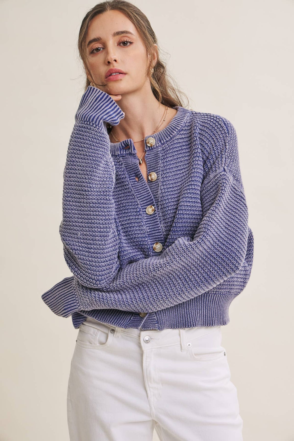 SEASONLESS MINERAL-WASHED COTTON WAFFLE BUTTON-DOWN CARDIGAN