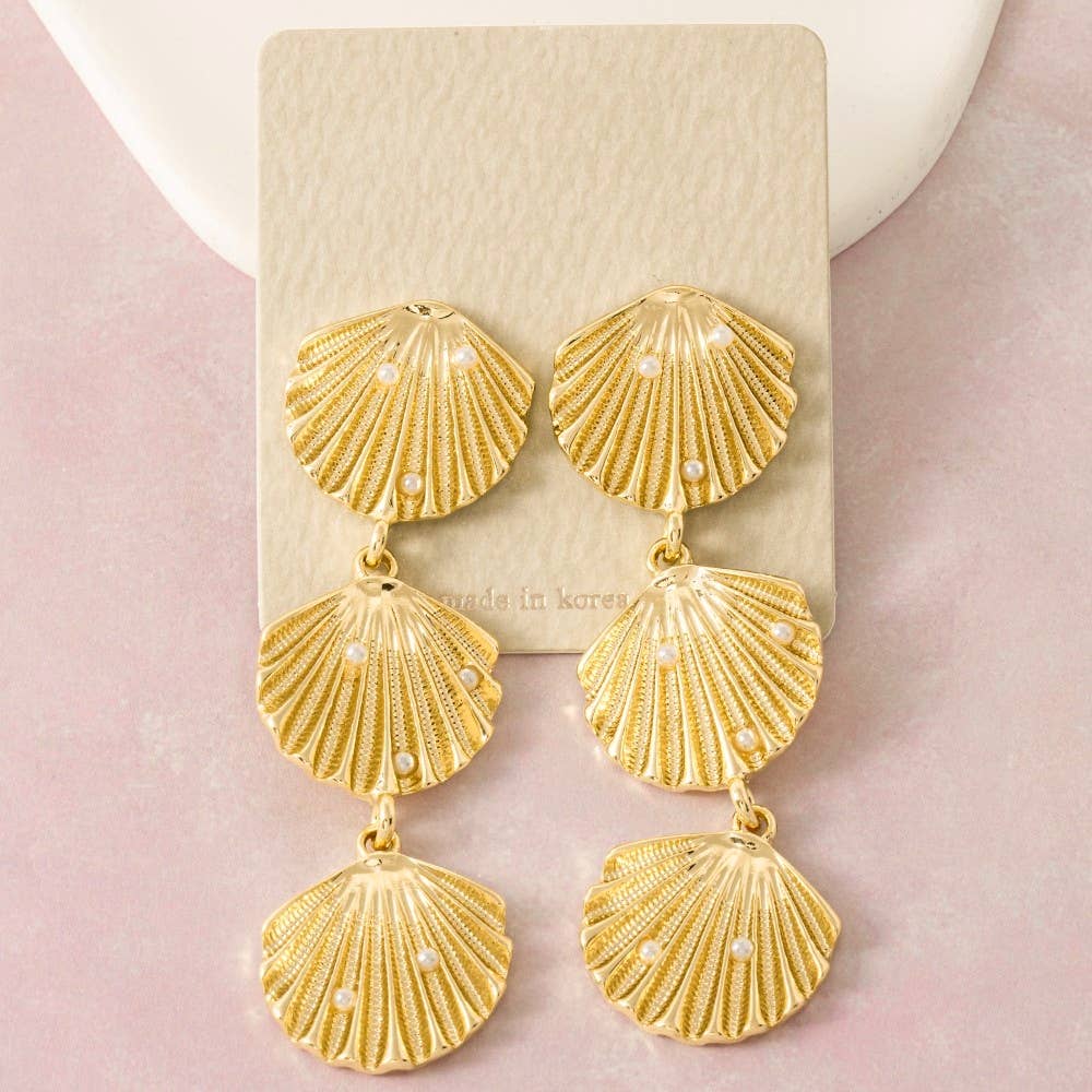 Triple Sea Shell Linked Dangle Earrings