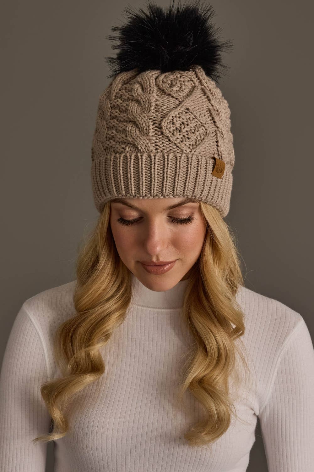 Warm Taupe Cable Knit Pom Hat