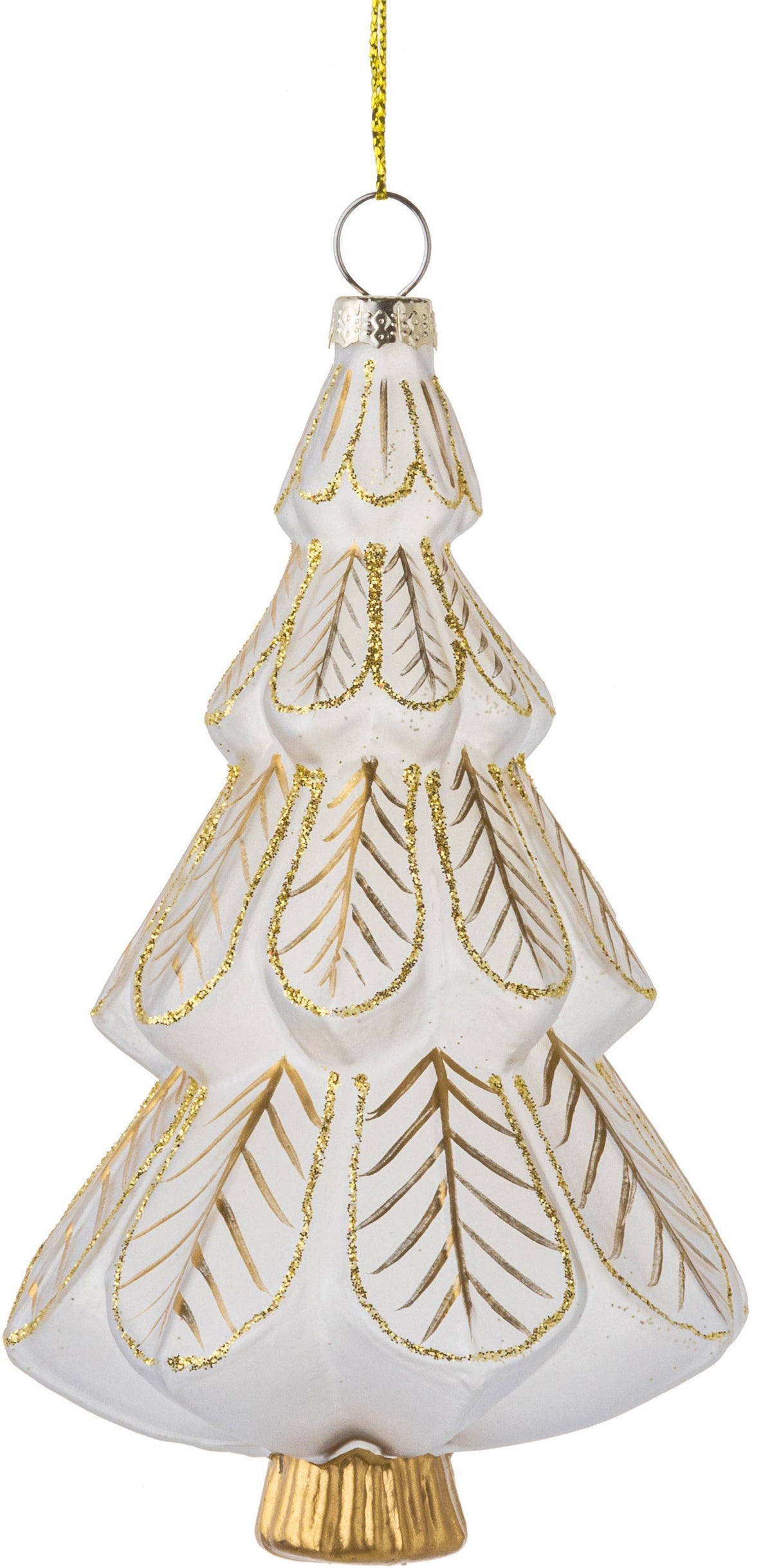 A63102:Blown glass tree orn,translucent matte white w/ go