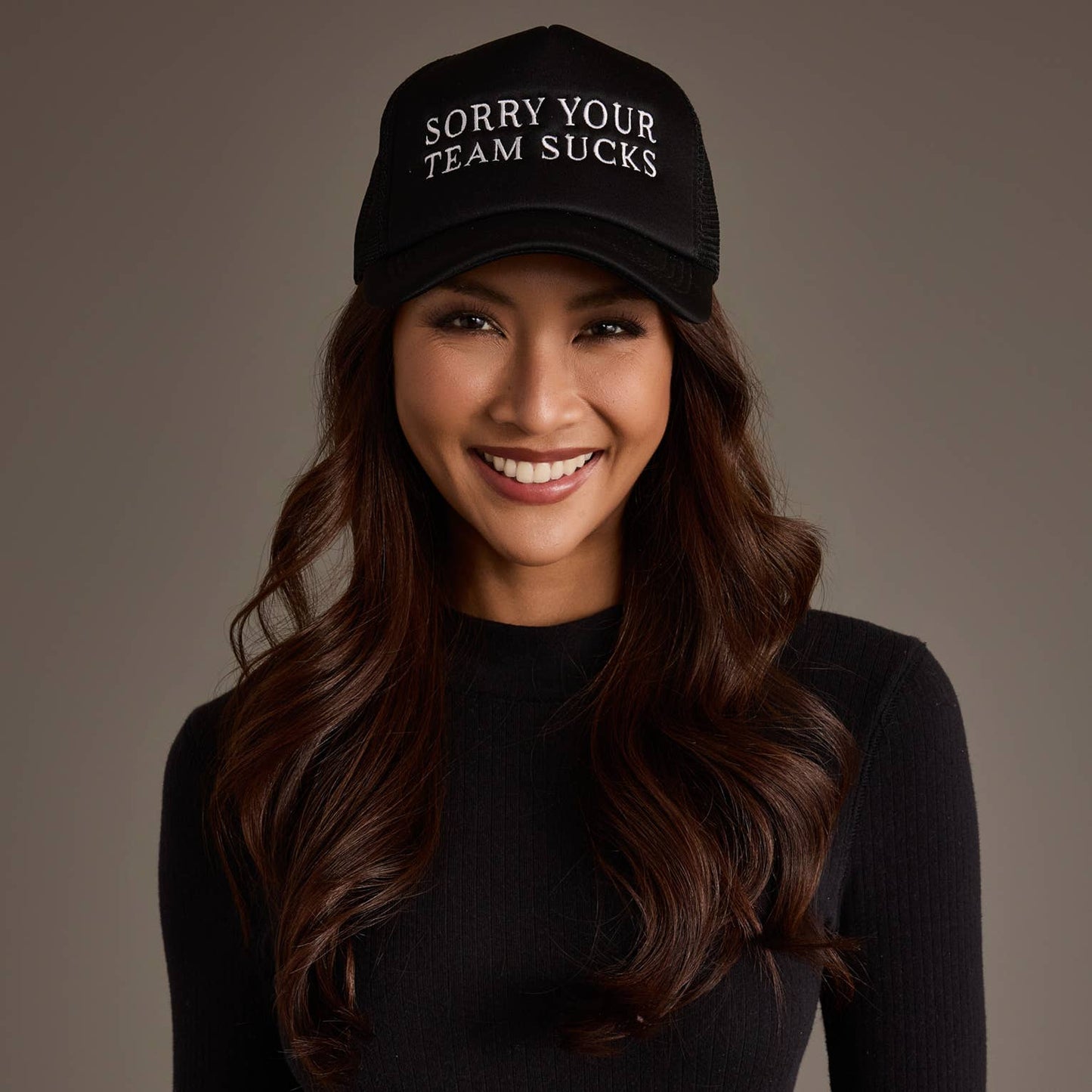 Black Sorry Your Team Sucks Trucker Hat
