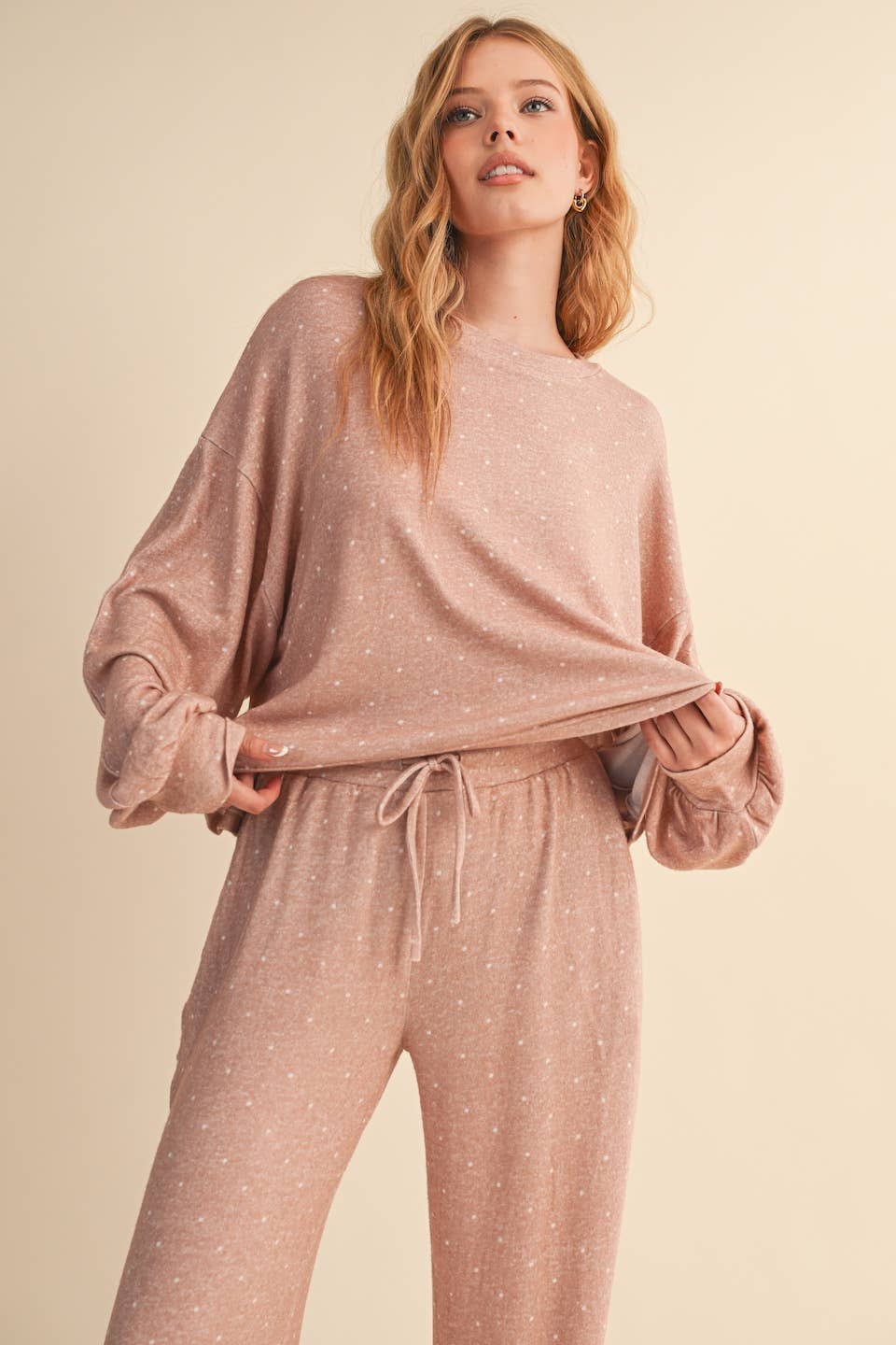 Polka Dot Print Hacci Long Sleeve Crewneck Top