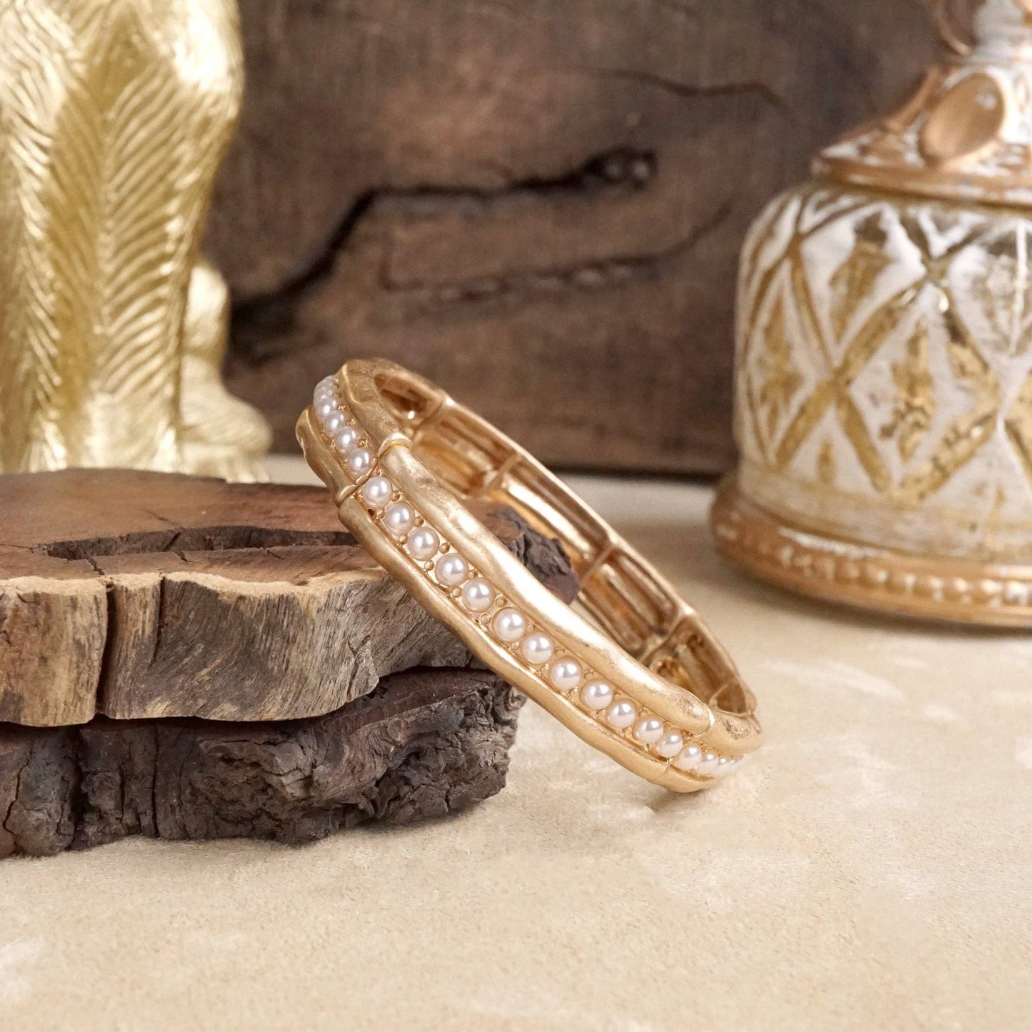 Minimalist Crystal & Pearl Bangle Bracelet – Brushed Gold or Silver