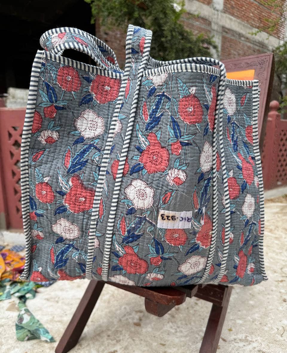 Grocery Bag Quilted Cotton Shopping Block Print Bag Tote Bag