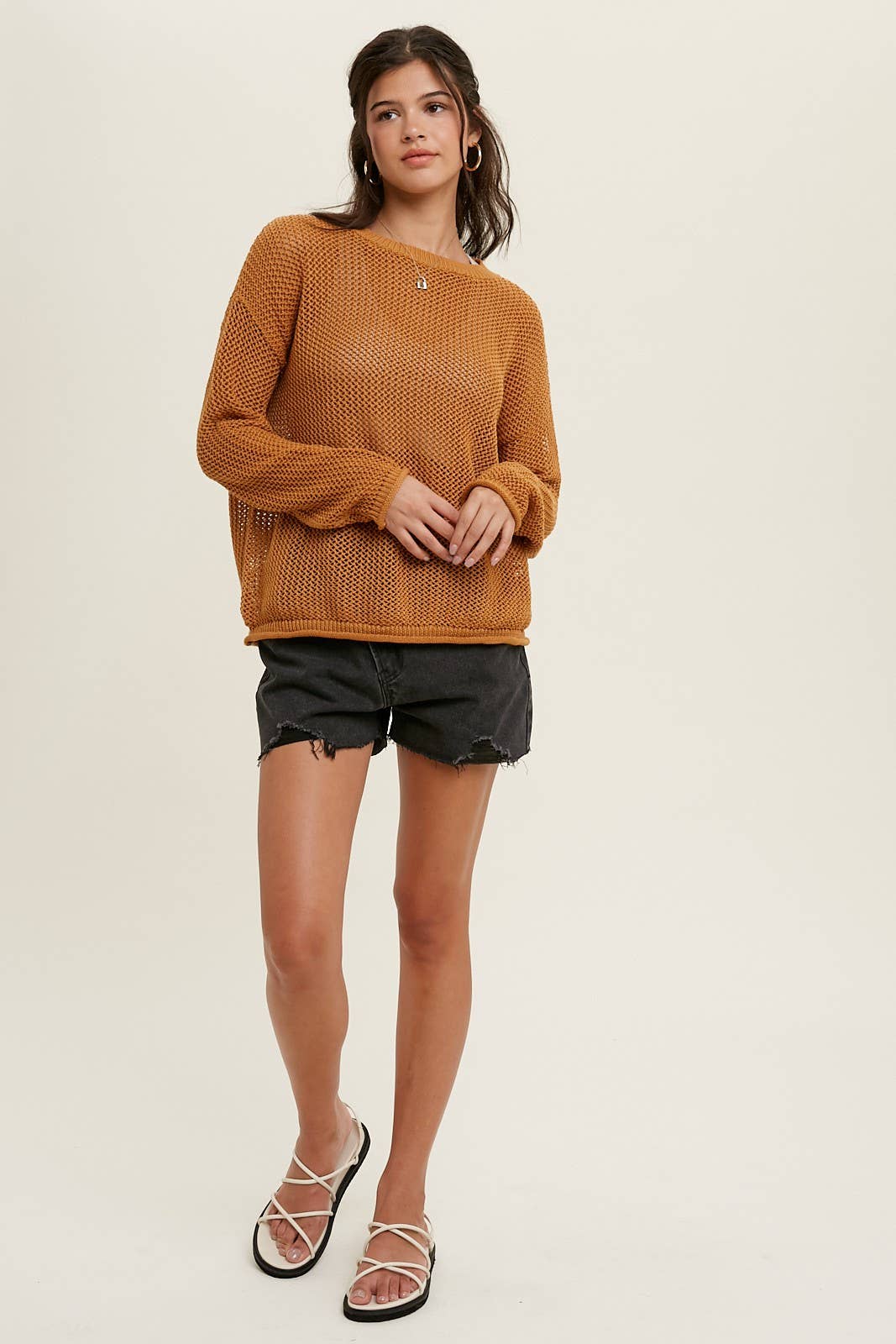 CROCHET LIGHTWEIGHT SWEATER WITH RAW EDGE DETAIL / WL22-7092