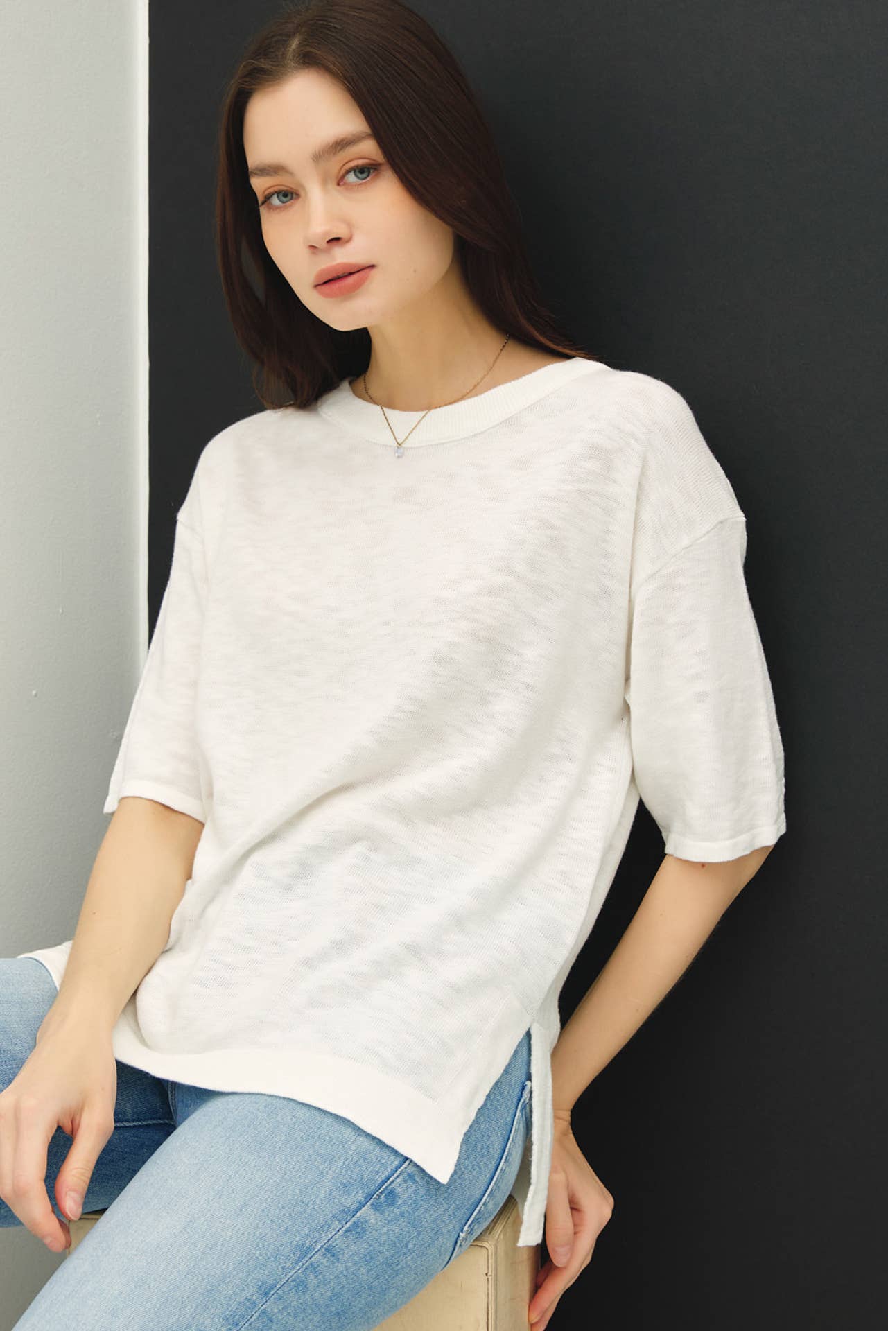 SHORT SLEEVE COTTON SLUB SWEATER TOP
