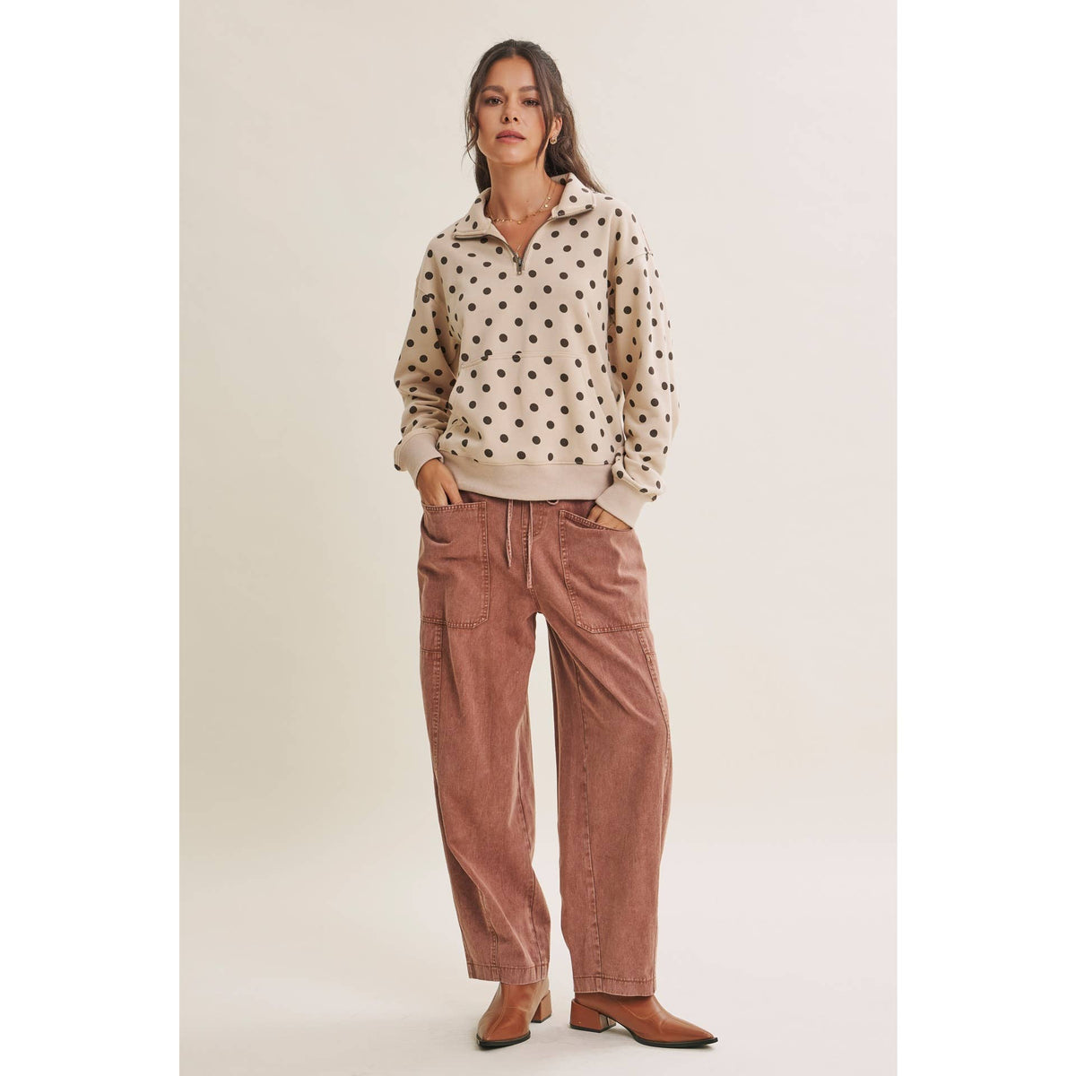 COFFE RUN PLAYFUL POLKA DOT HALF-ZIP FRENCH TERRY PULLOVER