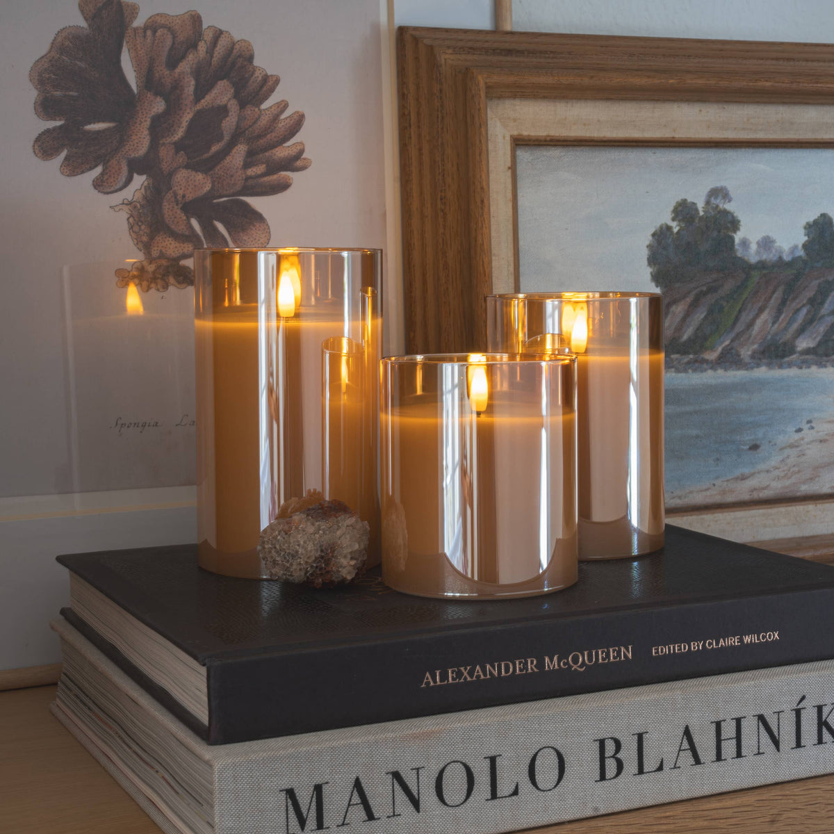 Flameless LED Hurricane Glass Candles - White and Amber
