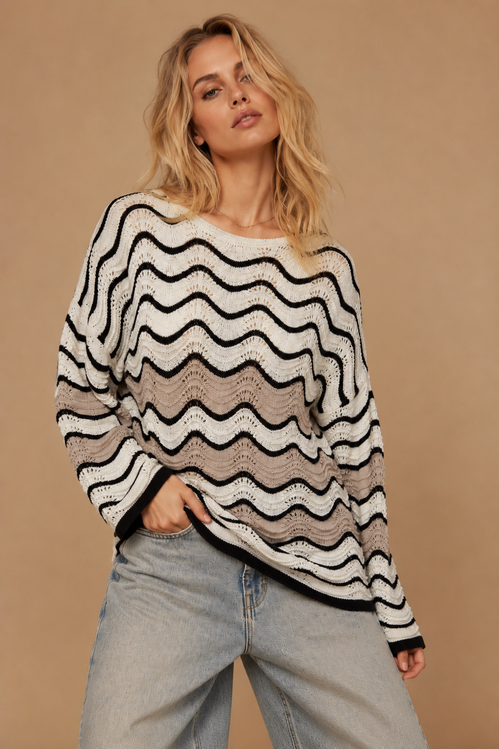Wave Pattern Pointelle Knit Sweater