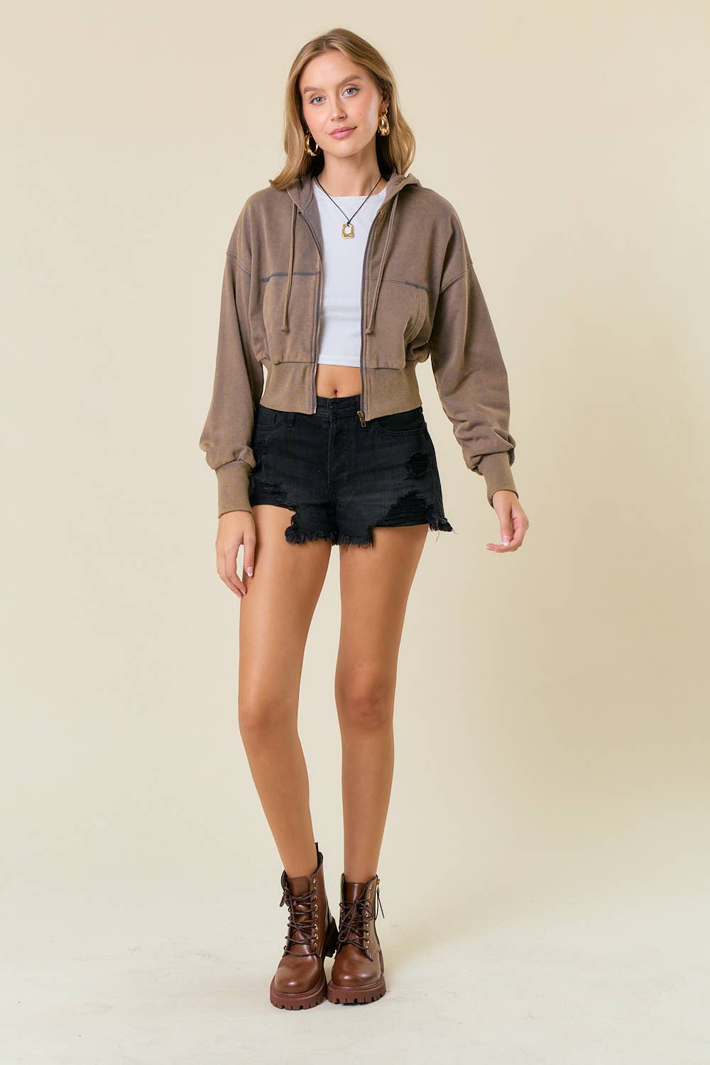 Vintage Washed Zip-Up Hoodie With Front Pockets - 10610J